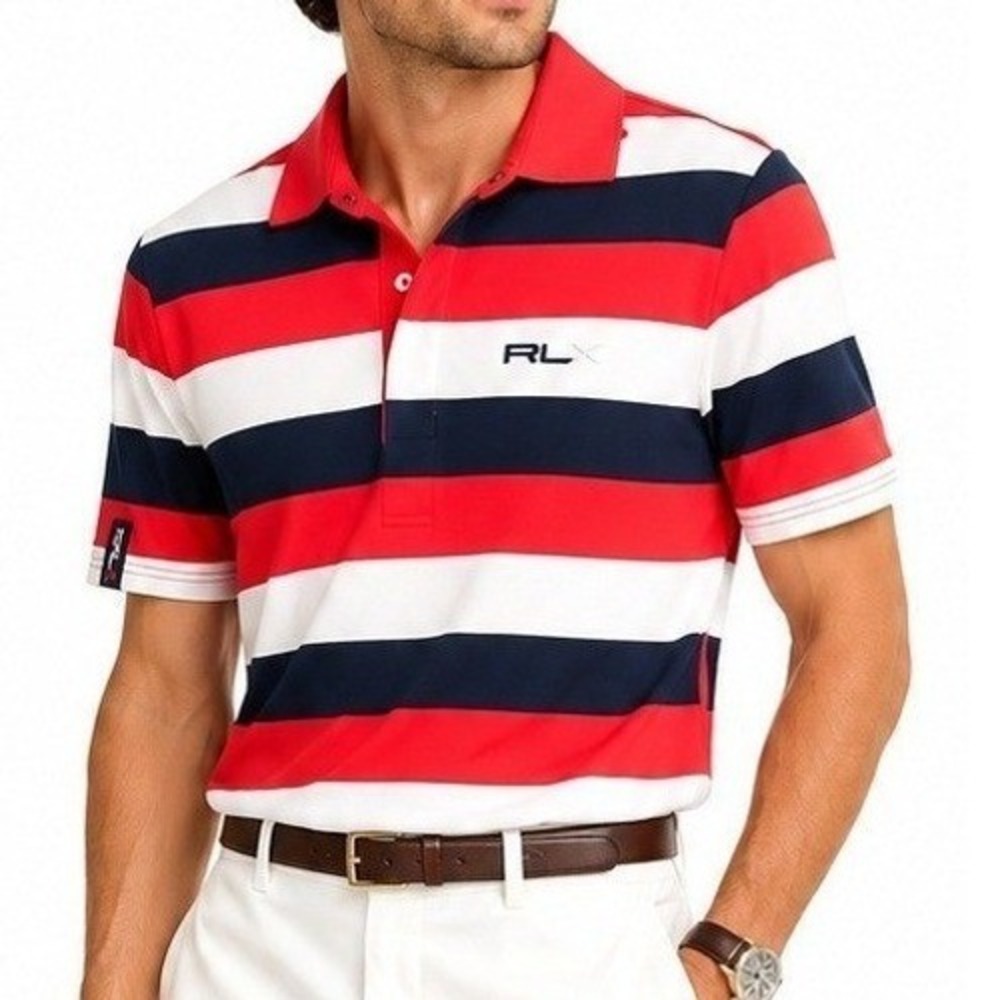 RLX Ralph Lauren Women's Striped Golf Polo Shirt Coral Navy White Medium